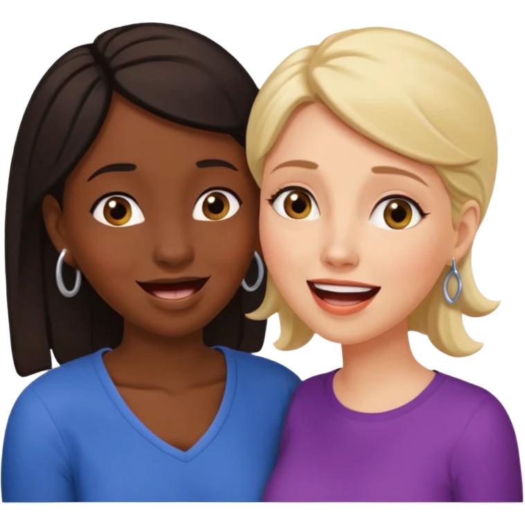 Devious cheerful white woman whispers in surprised embarrassed black woman's ear. emoji