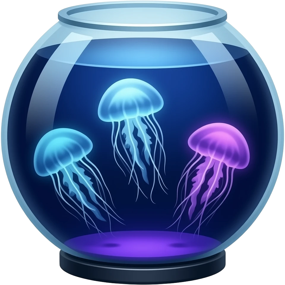 Big three jellyfish in a flat round aquarium swimming blue purple Colors light (dark water) emoji