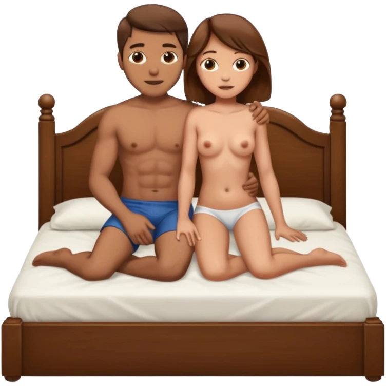 naked mixed man fucks naked woman. Botha of them are having sex on the bed. Action is showed in full height. she is brown hair . she is little boobs emoji