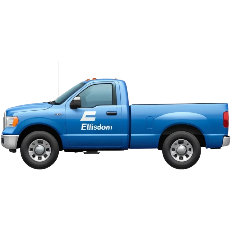 SINGLE WHITE PICKUP TRUCK SIDE VIEW ELLISDON WRITTEN ON SIDE OF TRUCK BLUE LETTERS emoji