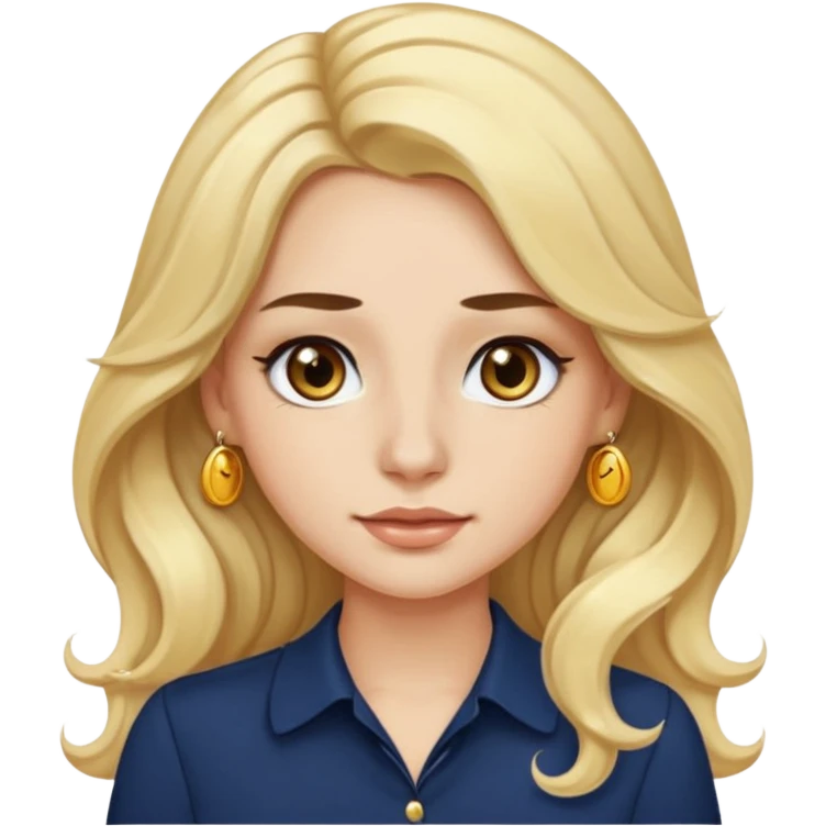 female with long wavy blonde hair, brown eyes, small gold nose stud, black eyeliner, navy blue blouse, emoji style emoji