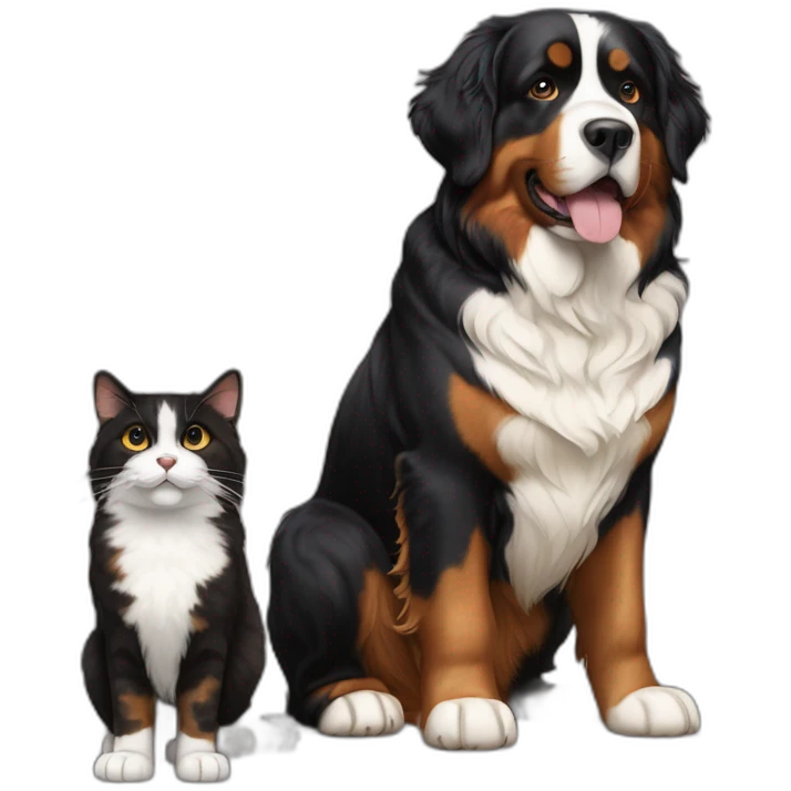 A Bernese dog next to A black and brown tortoiseshell cat with no white fur emoji