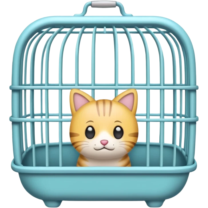 A cute emoji-style empty pet cage — cartoon look, rounded design, pastel colors, with vertical bars and a small handle on top. The cage is completely empty inside. No animals, no cats, no creatures — just the cage emoji