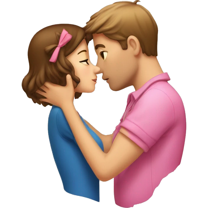 A guy with brown short hair and a girl with brown hair and a pink bow are kissing emoji