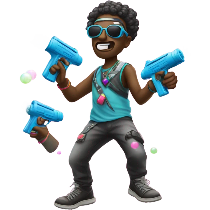 Raver with bubble guns in each hand shooting into the sky emoji