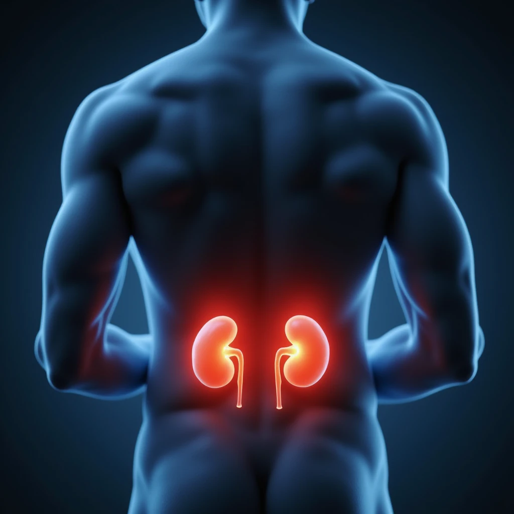realistic man holding lower back, kidneys highlighted in red, subtle swelling or blockage shown, symbolic clinical background, cool light, anatomy focus, 4K emoji