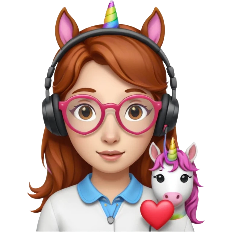 headphone wearing unicorn with dark ginger hair and heart shaped spectacles emoji