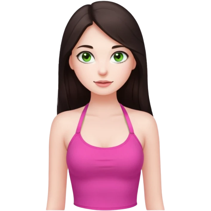 A pretty girl with white skin and very long dark brown hair and a green eyes and wears a pink tight halter tops emoji