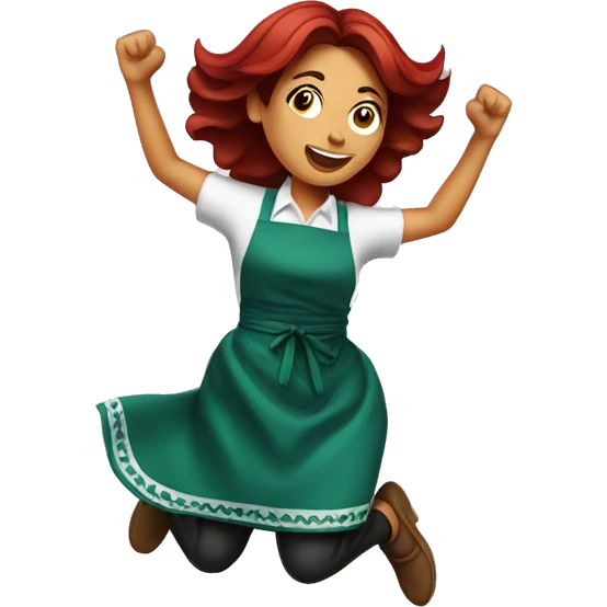 Straight dark red hair mexican woman with kitchen apron jumping in celebration  emoji