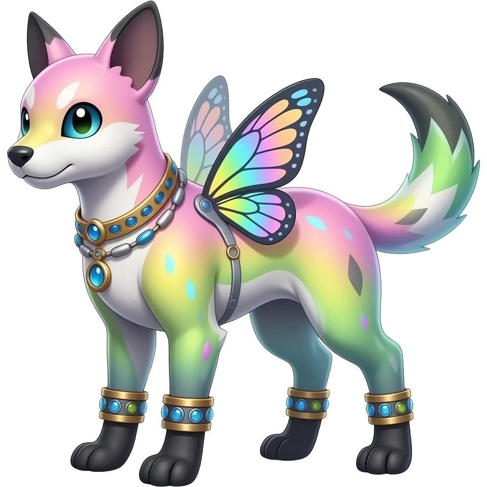 Quadrupedal 4-legged complex futuristic detailed dark dusky gloomy pastel pink-pastel-green-pastel-yellow-white-gradient-iridescent, realistic Fakémon-Sprigatito-Floragato-Meowscarada-Trico-Sergal-Serval-Vernid-creature (full body) with bracelets and anklets and butterfly-wings emoji
