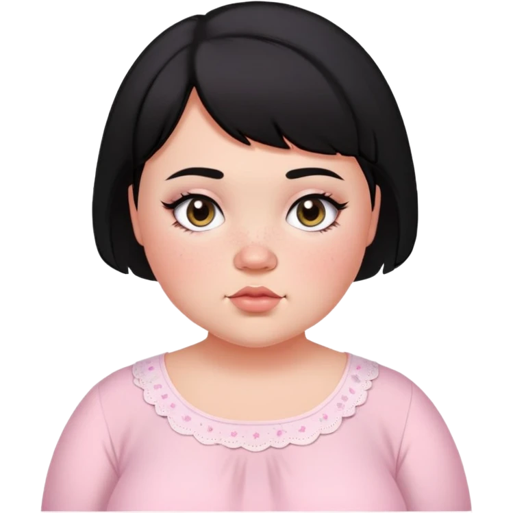 black short haired chubby girl with black eyes and fair skin with freckles in a light pink coquette blouse emoji