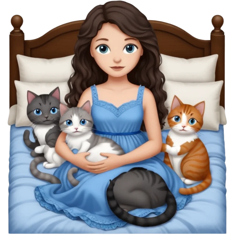 detailed realistic looking a dark grey and white cat regally laying with six other cats, cuddling with their owner in bed who is a pretty bratz lightly tanned white girl with long dark brown hair, blue eyes and gorgeous long wavy hair wearing a pretty detailed dress emoji