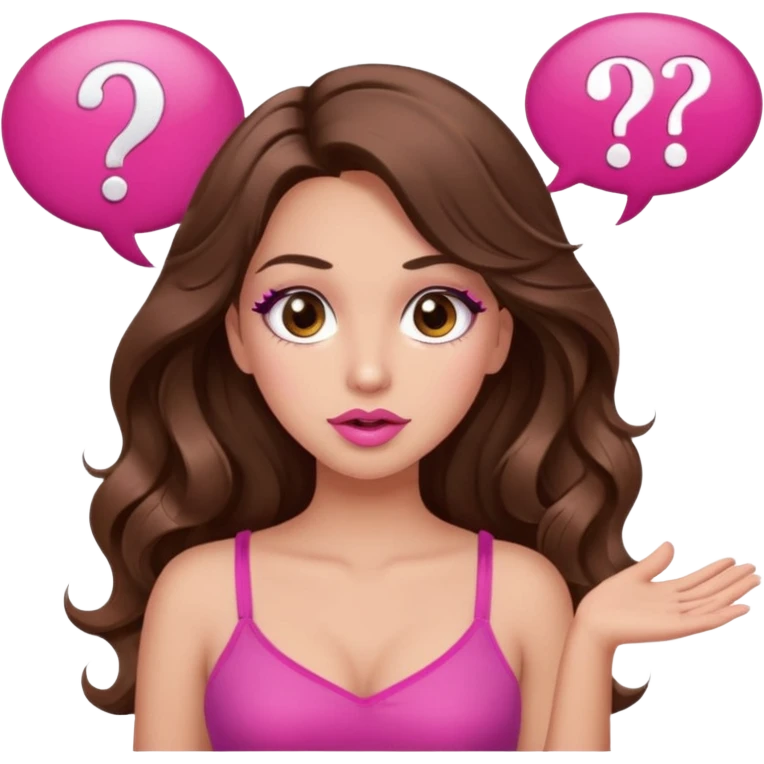 girl with long wavy brown hair, brown eyes, long lashes makeup, sexy pink lips, light to medium complexion, wearing a pink sexy top, shugging, question mark one speech bubble emoji