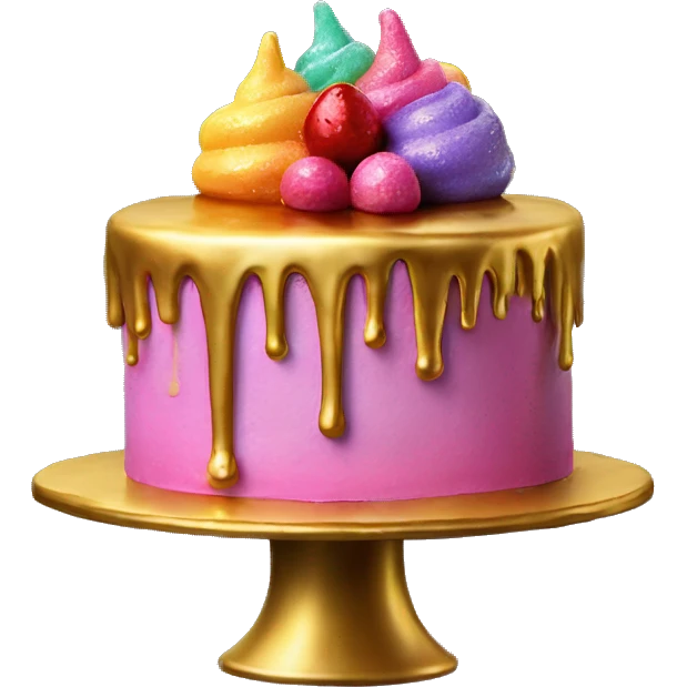 Realistic isolated colorful cake with metallic gold icing dripping from top and all down along the cake emoji