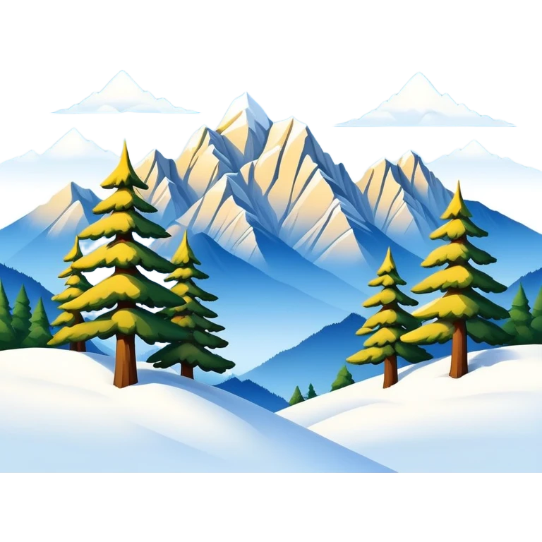 Huangshan Yellow Mountain winter snow peaks with pine trees, simplified emoji style with bold outlines and bright colors, cartoon style snowy mountains emoji