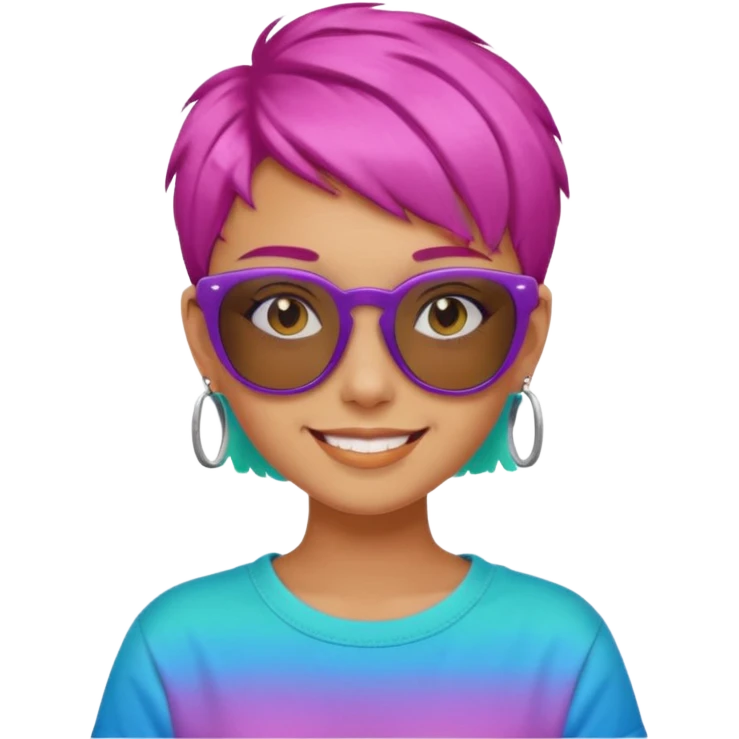 stylish teen girl wearing shades and dyed colorful short hair, stylish outfit emoji