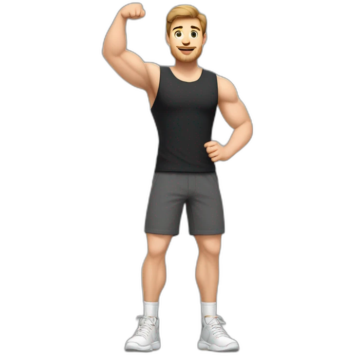 Full height Actively gesturing with hands Pale skinned Fit Man With the biceps and brown hair in dark gray Sleeveless Mike, black oversize sports shorts, watch and white Sneakers emoji
