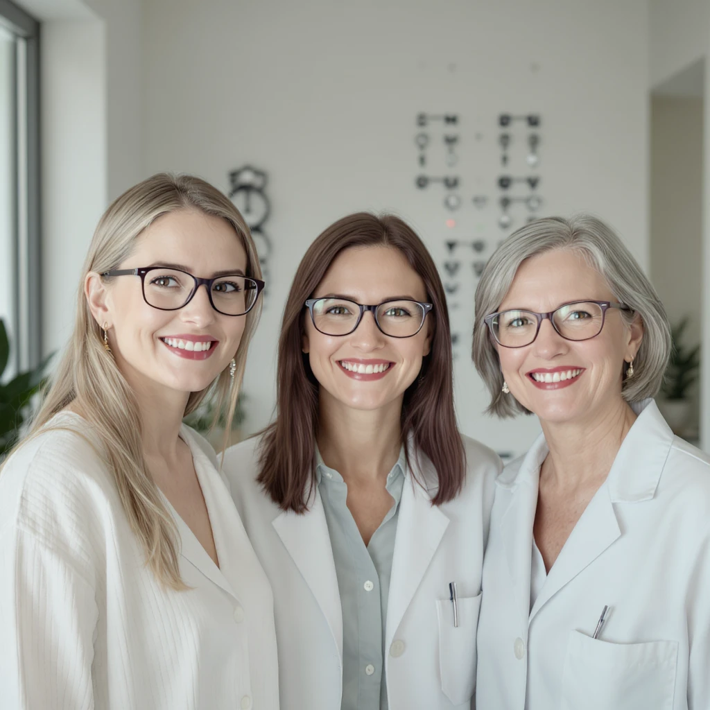 Cinematic still of a smiling three european white womans with glasses smiling, minimalistic ophthalmologist interior in background, leading  lines, rule of thirds emoji