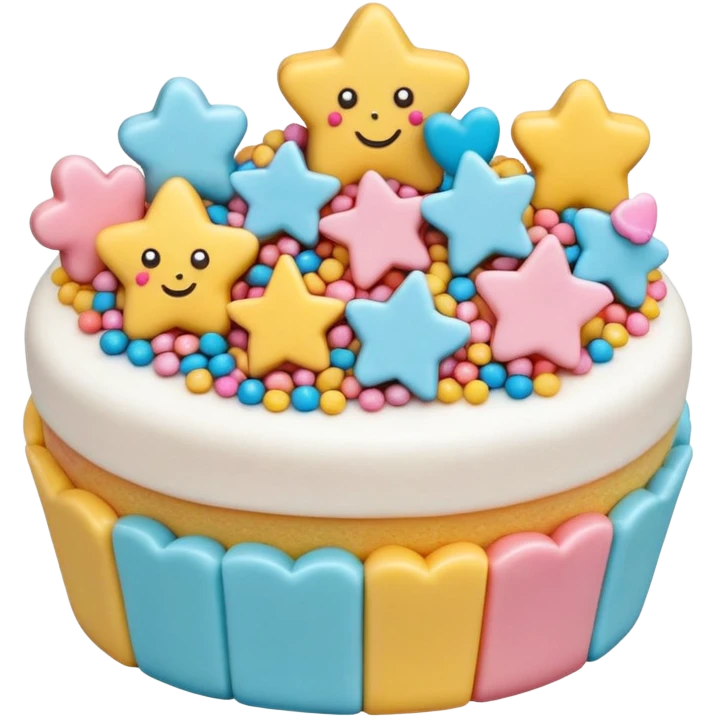 small scatter of colorful sprinkles, sugar pearls, and tiny fondant shapes (stars, hearts, flowers), glossy pastel and bright tones, textures vary smooth crunchy or soft, delicately detailed shapes, soft lighting, subtle shadows, transparent background, emoji scale emoji