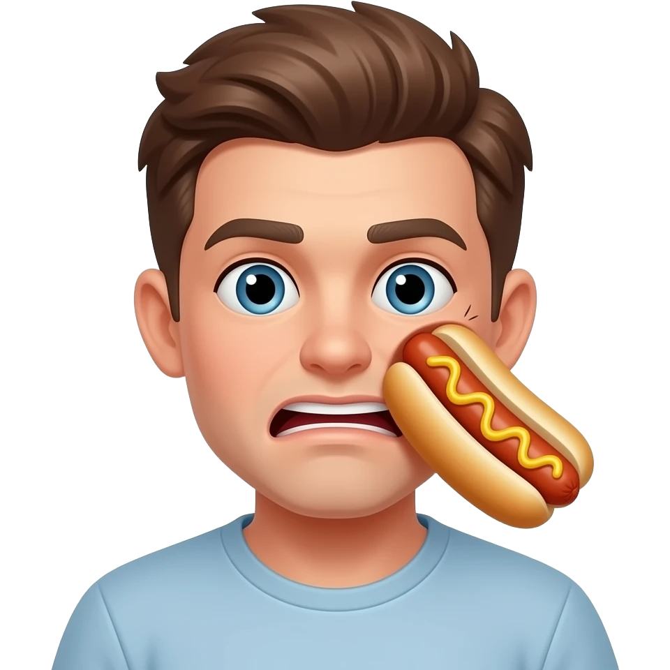 Young white male getting hit in the face with hot dogs emoji