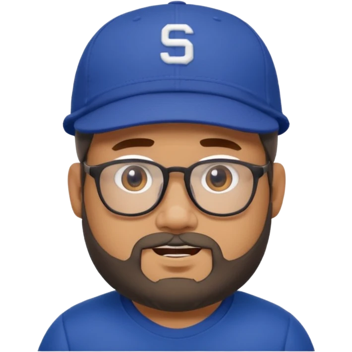 Create a figure that reflects an experienced social media manager but who has youthful and sporty clothing, a little chubby, a New Era cap, glasses, a beard and a slightly funny and friendly face. emoji