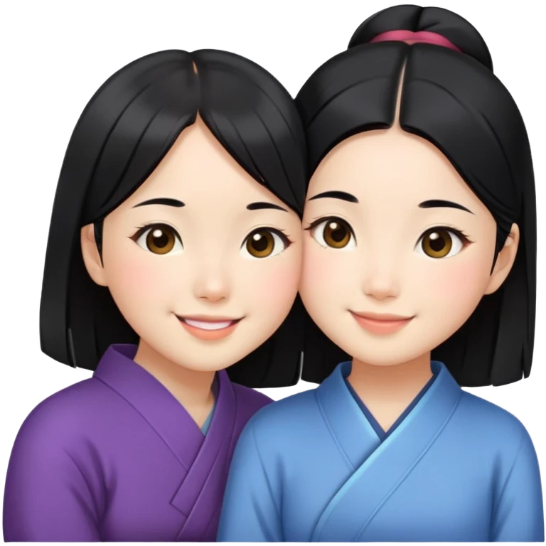 Two cute Japanese girls with straight black hair and East Asian features, faces pressed together cheek to cheek, smiling happily emoji