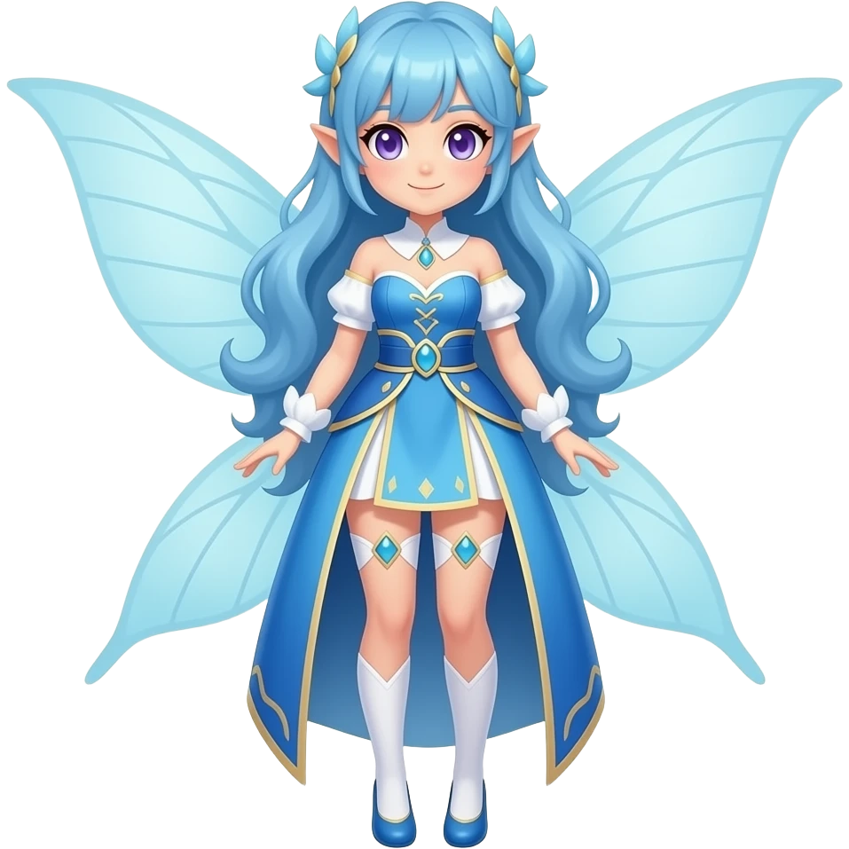 A female water fairy with a full body, blue hair violet eyes and wearing a blue outfit with white and cream yellow accents. (Pokémon style.) emoji