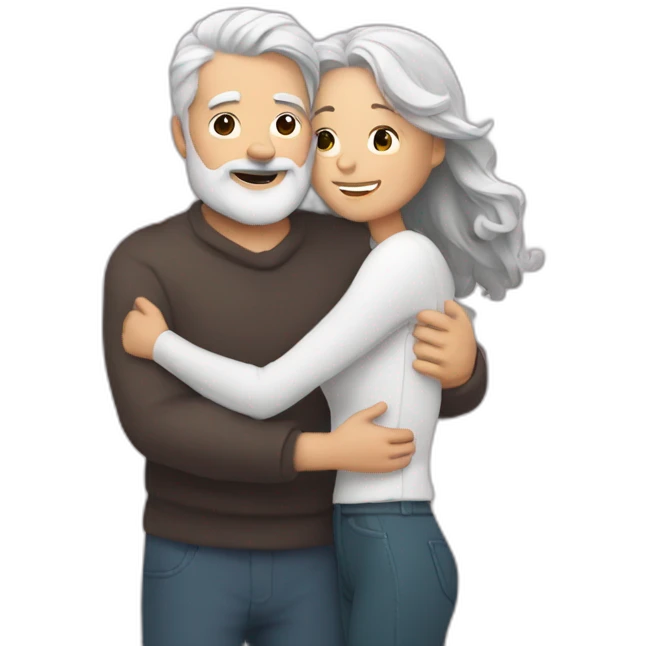 Man with gray hair and white beard hugs woman with dark brown hair with floating hearts emoji