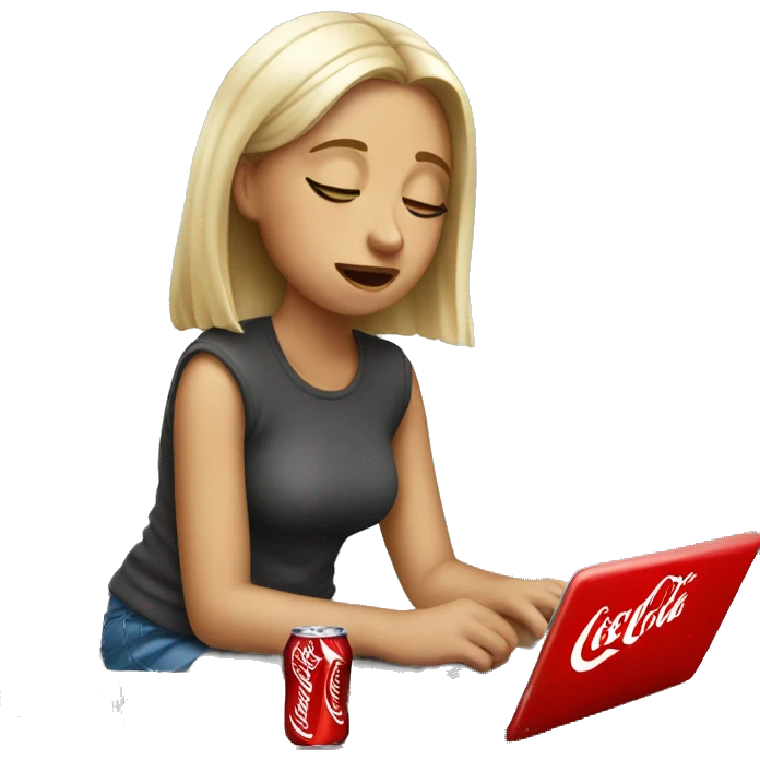 tired girl with laptop drinking coca-cola emoji