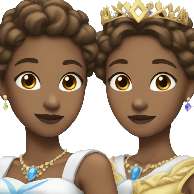 two lesbian queens in anime style with brown hair, one has black tiara and the other has blue tiara emoji