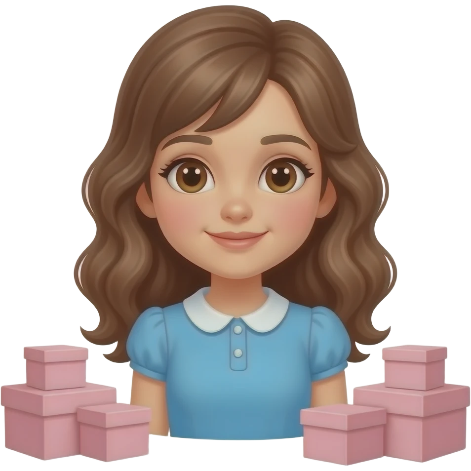 Menina  mais emoji cabelo andulado é  GRANDE  roupa azul  vestido e olho marrom e  criança e as boxes rosa claro emoji