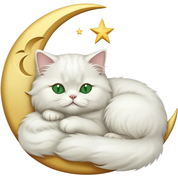 White Persian cat with green eyes sleeping on crescent moon  emoji