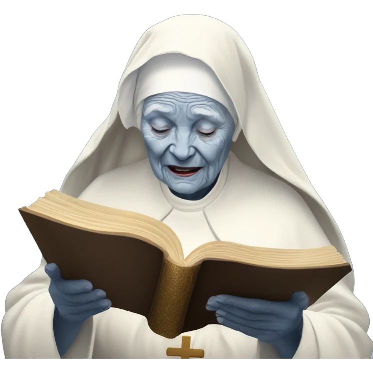 Old white nun with some wrinkles with golden blonde lots and lots of wringlets and she is reading the holy Bible scriptures with saphire blue eye colour  emoji