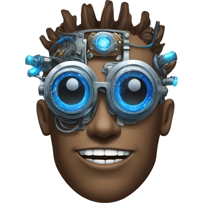 Brown cyborg head with blue Mohawk, blue beard, silver steampunk monocle goggles a smile and circuits emoji