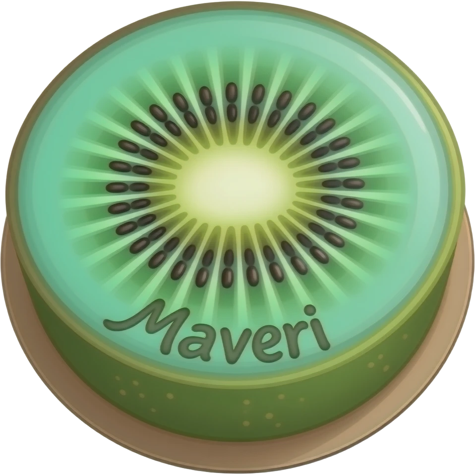 A kiwi cake with the name Maveri on it and the whole cake is based off a island emoji