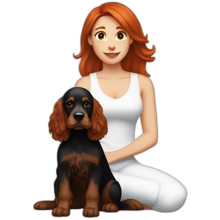 Red hair woman in white singlet sitting black and brown english cocker spaniel on her lap emoji