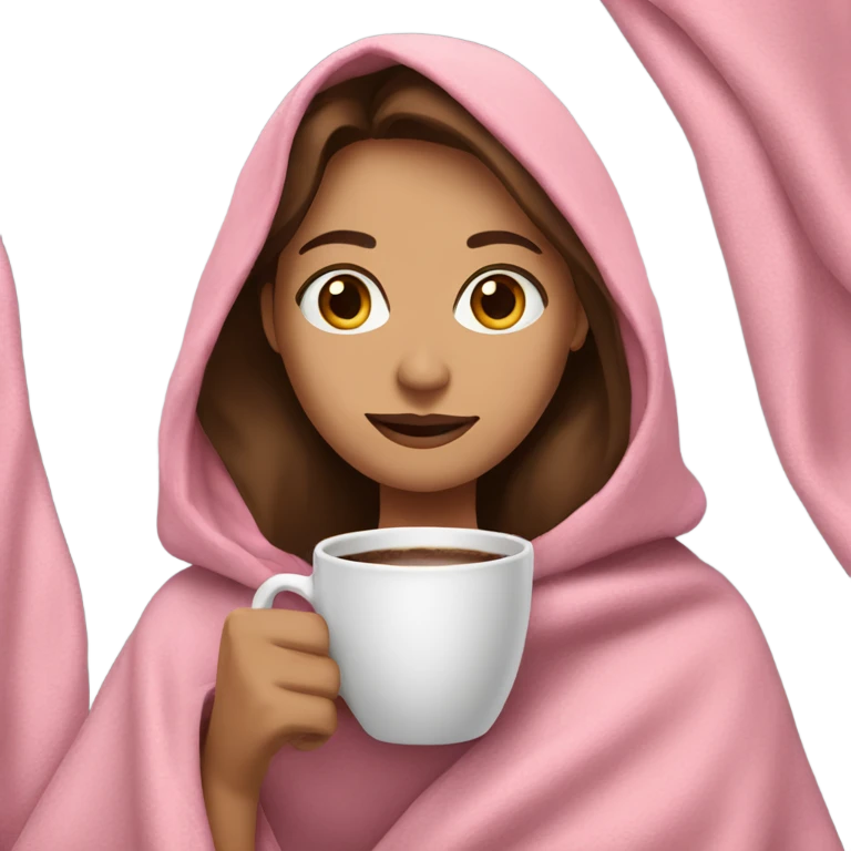 woman with brown hair and eyes in pink blanket holding cup of coffee emoji