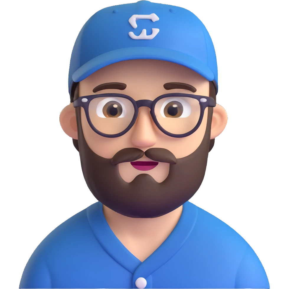 adventurer with small beard, glasses and backwards baseball cap emoji