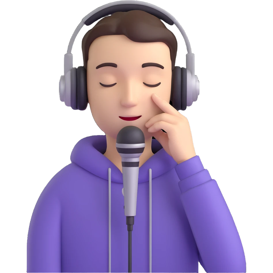 emoji style person with closed eyes, headphones, and a microphone, smooth edges, peaceful mood emoji