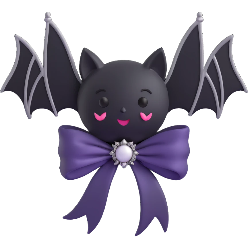 3D emoji gothic bow, white satin, silver bat brooch, black feather accents emoji