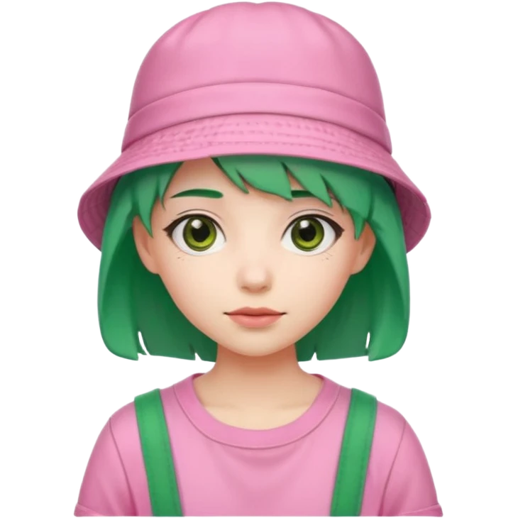 Stylish pink outfit with bucket hat, green hair emoji