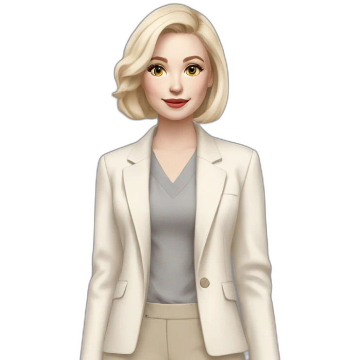 pale skin woman with ash blonde Straightened bob Hair, White Spacious classical jacket, beige palazzo Arrow pants and gray blouse holding a color palette in the hands emoji