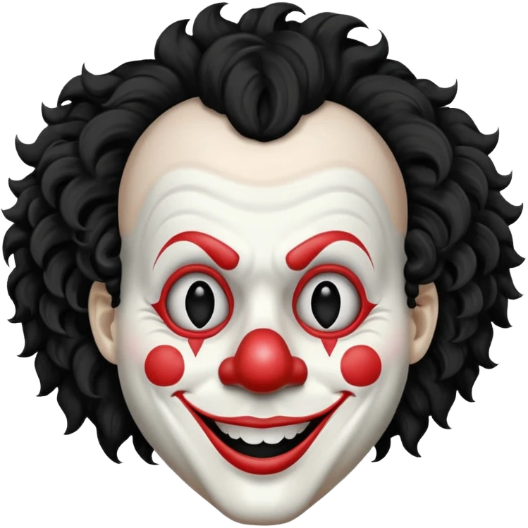 generate white clown mask emoji with a big curly black hair 

wide black coloured smile, no red nose but instead long and pointy white nose with no nostrils, pitch black eyes, no brows emoji
