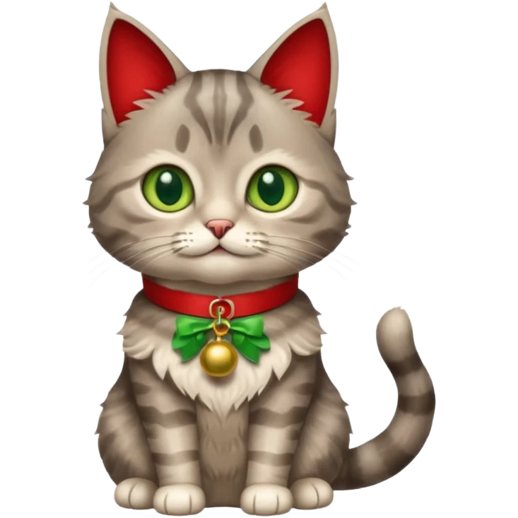 A fluffy grey tabby cat with cream highlights and green eyes, wearing a red collar with a bell, sitting upright  emoji