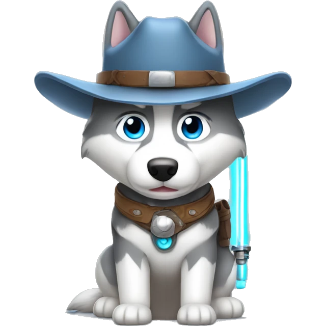 Gray Siberian Husky with blue eyes Jedi holding lightsaber cowboy hat  emoji