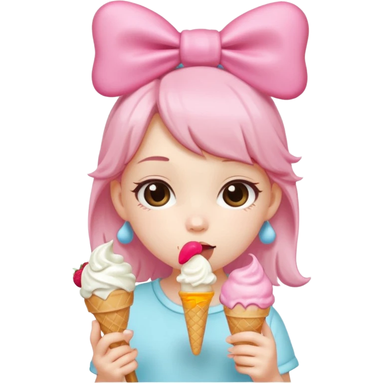 Cute chibi style girl Panda with big pink bow above ear eating and ice cream  emoji
