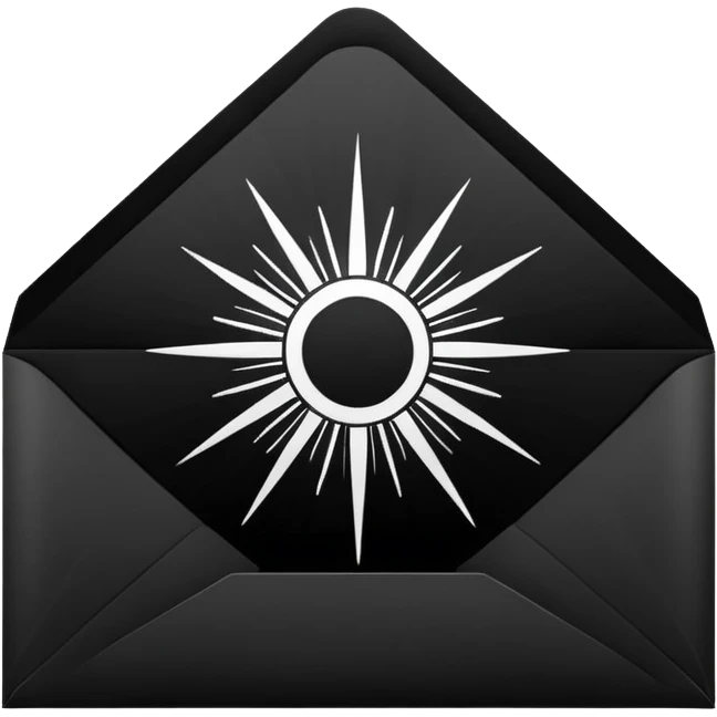 Open envelope, centered, black interior with a bright circular core and radial engraved sunburst rays, pure black ink on pure white, stipple/crosshatch only, razor sharp --style raw --ar 1:1 --no gradient, gray, 3d, glossy, text emoji