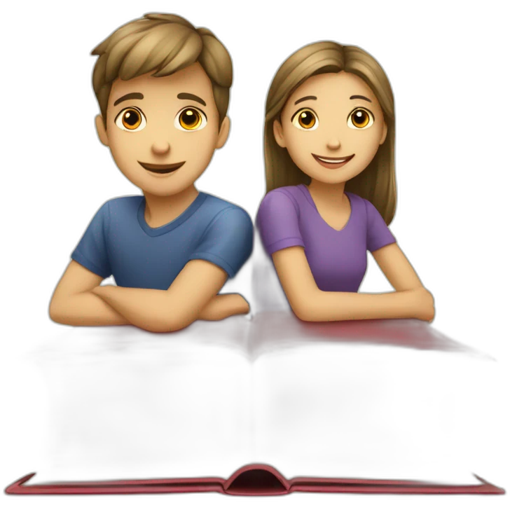 boy and girl of seven years old with an English textbook emoji