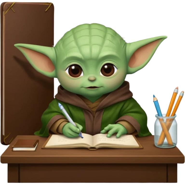 Baby Yoda con su tunica chocolate escribiendo en un cuaderno sobre un escritorio en un aula de clases emoji