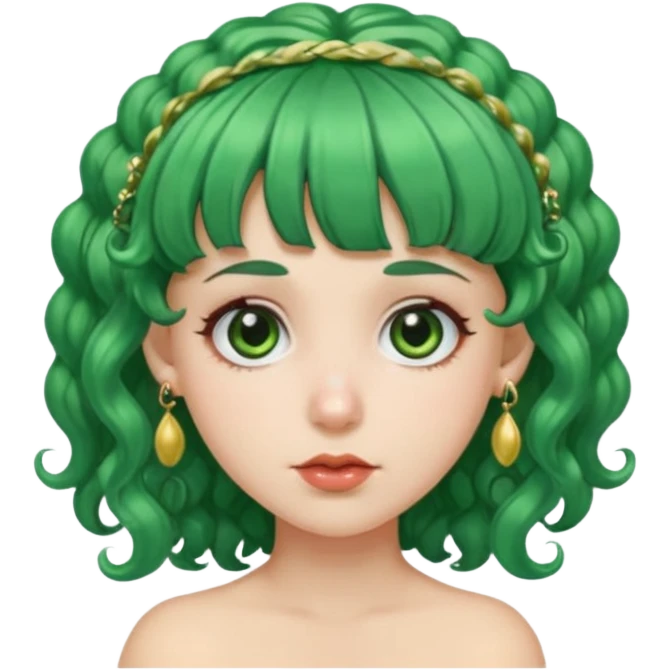 green curly  haired with hair bangs big head accessory big nose mid size ear old piercing  emoji